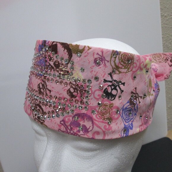 PINK Skull & Rose themed pastel  Bandana with Swarovski Crystals Blinged Out ! main image 5